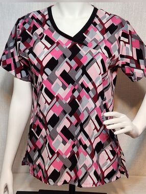 Scrubaid Scrubs Top Pink Black Pattern Lightweight Large